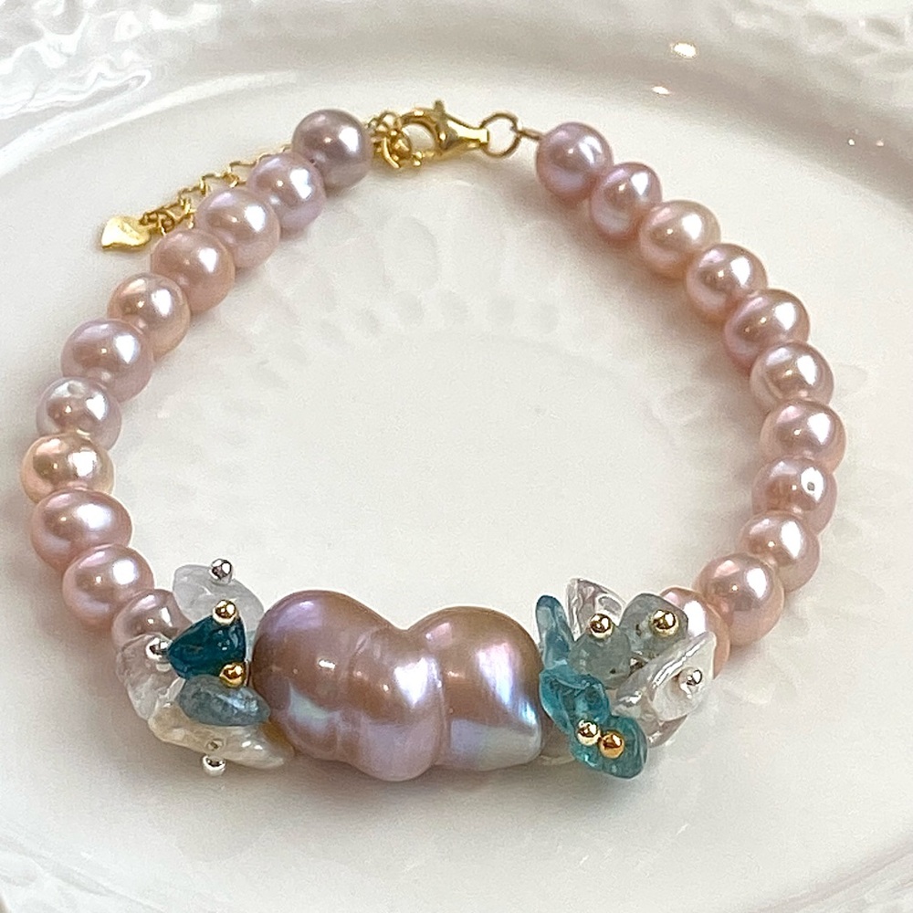 Hand Crafted Real Pearl Bracelet with amazonite S925